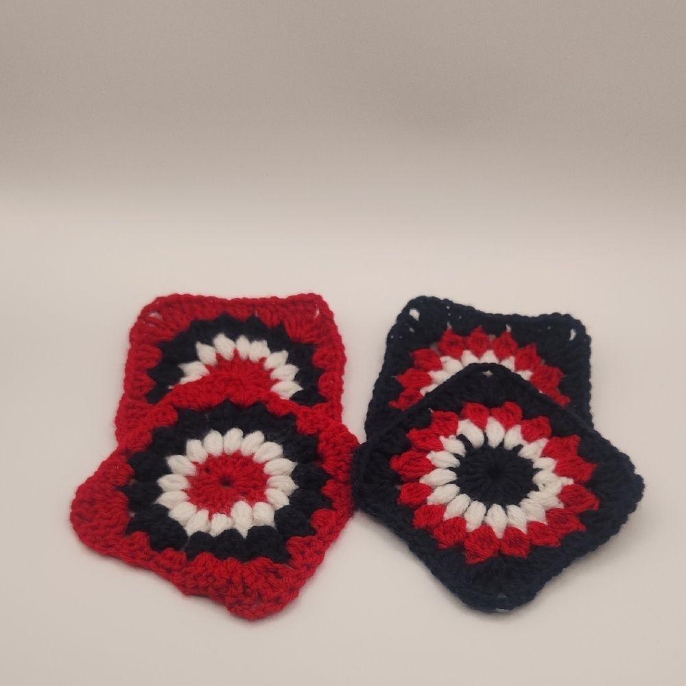 Handmade Crochet Red, White & Blue Acrylic Granny Square Patriotic Coasters